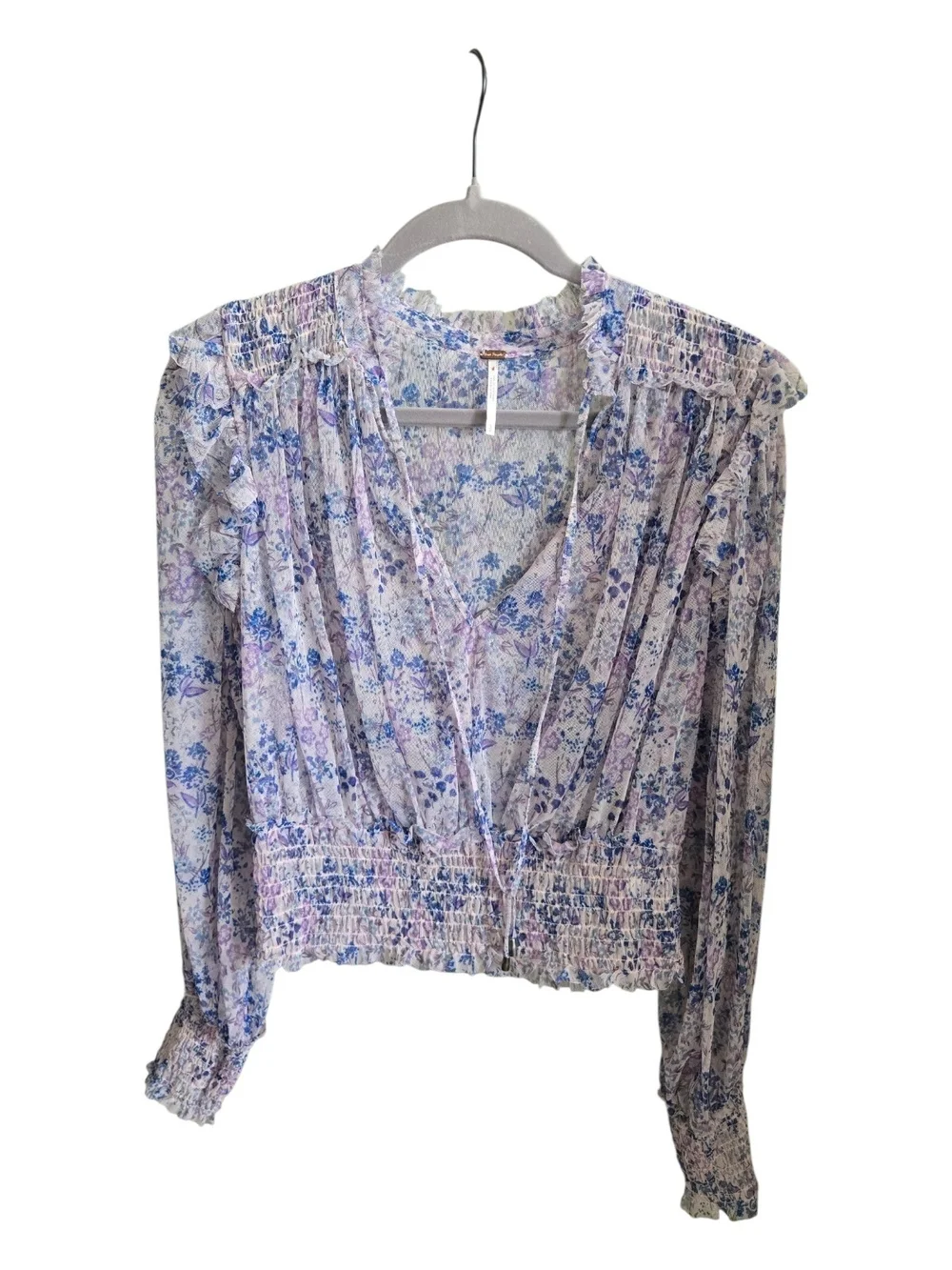 Free People Sheer Lavender Floral Ruffle Tie-Neck Blouse